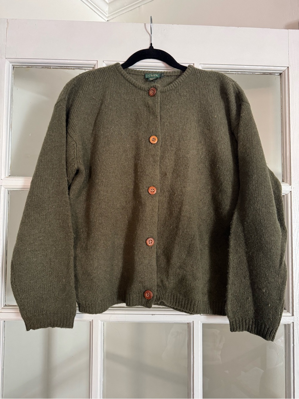 Vintage J. Crew 90s Wool Classic Olive Green Button Cardigan Sweater small